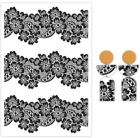 Florales Transferpapier für Polymerton, 10 Stück, Wassertransferblätter für Polymerton, schwarze Spitzen, Blumen, Polymer-Ton, Transferpapier für DIY, Kunst, Schmuck, Ohrringe, Anhänger, Dekoration