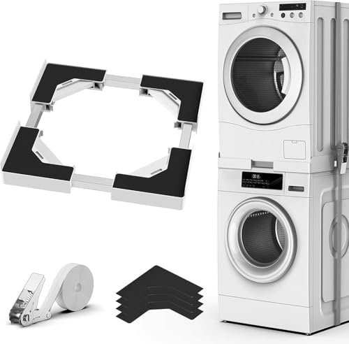 Kit d'empilage universel pour machine à laver et sèche-linge, avec corde à cliquet, accessoire de machine à laver pour sèche-linge, taille réglable 45-68 cm (Blanc ultra-mince)