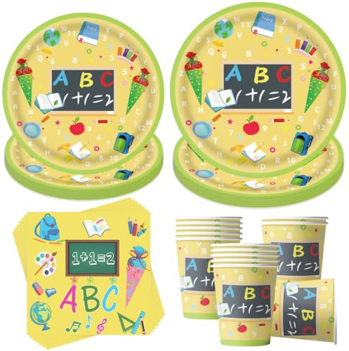 50 Stück Einschulung Partygeschirr Set,Schulanfang Servietten Set,Einschulung Deko Partygeschirr,Schulanfang Deko Pappteller Pappbecher Servietten,Schuleinführung Deko Ideal für 10 Gäste