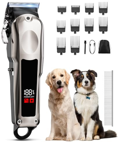 FISHOAKY Dog Clippers for Grooming Professional for Thick Heavy Coats/Low Noise Cordless Pet Shaver for Dogs Grooming Kit, Razors Pet Hair Shears LED Display, Pet Hair Trimmer for Dogs Cats