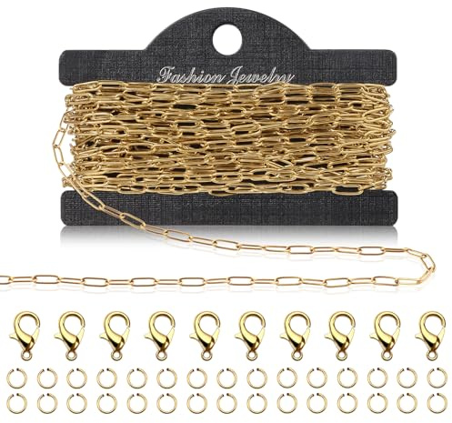 5m Gliederkette Gold, Edelstahl Schmuckkette zum Basteln, 9mm | Gliederkette Meterware Zubehör mit Ringen und Karabinerverschlüssen für Schmuck Diy Herstellung
