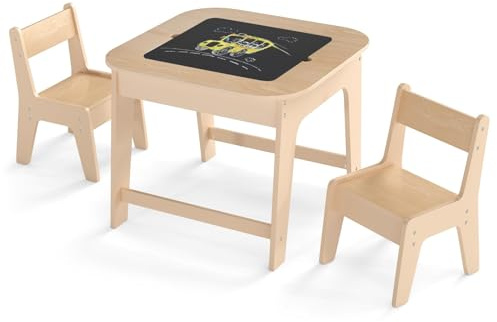 COSTWAY Kindertisch mit 2 Stühlen, 3 TLG Kindersitzgruppe Holz mit Doppelseitiger Tischplatte, 3 in 1 Zeichentisch & Basteltisch & Aktivitätstisch mit Stauraum für Kleinkinder (Natur)