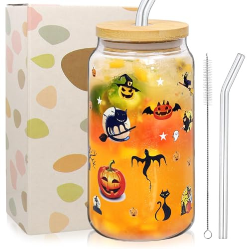 Tasse Halloween, 500 ML Verres Halloween, Gobelet en Verre avec Paille et Couvercle, Tasses en Verre avec Motifs Citrouille et Fantôme, Gobelets Cadeau pour Femmes Hommes Fêtes Automne halloween