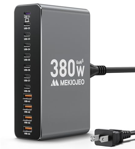 12 Ports Aluminum Alloy 380W Charging Station Fast USB C Charger Block 65W Laptop GaN Charger for MacBook Pro/Air/iPad Pro/iPhone (Gray)