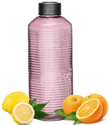 BELUKO Botella de cristal para agua, botella agua cristal 1 litro, 1600ml, botella agua vidrio con tapa antigoteo, jarra agua, zumo o jugos para nevera, frigorífico (ROSA 1 LITRO)