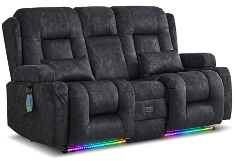 LIFTSHA Zweisitzer Relaxsessel mit Liegefunktion, Fernsehsessel Elektrisch Verstellbar mit Heizung & Vibrierende Massage, TV Sessel Heimkino Sitze mit Multimedia Mittelkonsole, Samt, Grau | Liegesitz-Couch mit Massage & Wärme, Heimkino-Sitzgelegenheit mit LED-Lichtern und Stauraum für Wohnzimmer