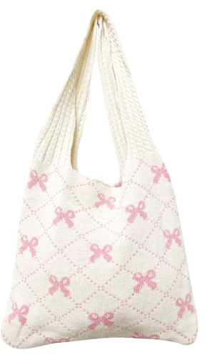 JSTHHTT Borsa a Tracolla Da Donna Lavorata A Maglia, Borsa Da Spiaggia, Borsa Tote in Rete Pieghevole, Weave Handbag, Casual Tote Large, per Lavoro, Viaggio, Vacanza (Fiocco Rosa)