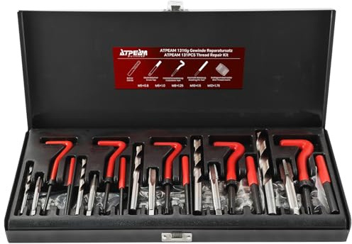 ATPEAM Kit Réparation Filetage Helicoil 131 Pièces | M5 M6 M8 M10 M12, forets tarauds insertions, boîte métal, pour moteur et voiture