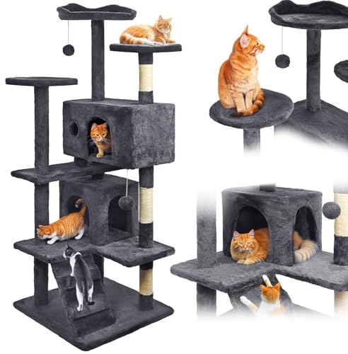 MERSJO Árbol rascador Castle Prestige de 138 cm, XXL, 7 niveles, 2 cuevas, troncos de sisal, color gris oscuro