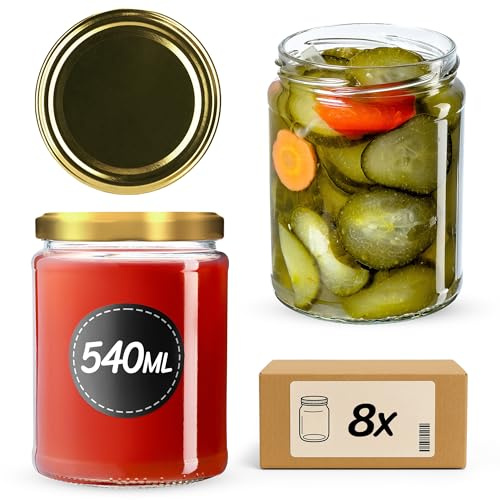 KADAX 8er Set Einmachgläser 540ml TO82 Gold, Sturzgläser Mason Jar mit Schraubdeckel, Luftdichte Twist-off Gläser, Meal Prep, Overnight Oats, Sauerteig