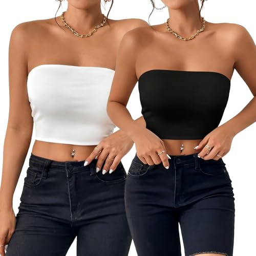 ZFQSONGZE 2 Pack Bandeau Tops for Women, Black & White Strapless Boob Tube Tops, Short Beach & Party Tops (Ladies Travel Tube Top) (Black and White,M)