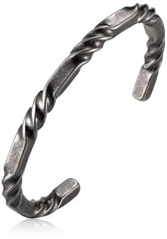 FLHEART Stainless Steel Mens Cuff Bracelet, Minimal Twist Cool Antique Retro/Silver/Black Open Metal Cuff Bangle Bracelets for Men, 70mm (Grey-70)