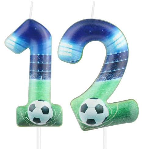 Candele per torta per 12° compleanno, decorazioni per 12° compleanno per ragazzo, candela numero 12 per decorazioni per feste a tema calcio, candele da calcio per ragazzi e uomini, feste a sfera