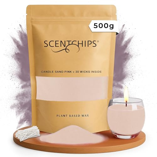 Scentchips Kerzensand – Farbiger Wachsgranulat zum Selbermachen von Kerzen, inkl. 30 losen Dochten, Dekosand für Glasgefäße & Teelichter, Duftfrei, Ideal für DIY, Party & Wohnkultur (Pink, 500g)