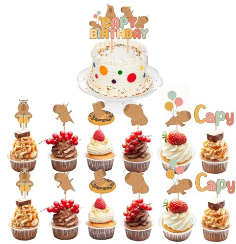 All-in-One Capybara Cake Decorations Set, 1 Large Capybara Cake Topper and 12 Detailed Cupcake Toppers, Create a Coordinating Look for Jungle Theme Birthday parties, Ideal for Kids Ages 1-10