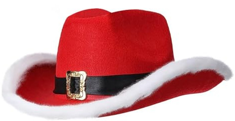 Generisch Weihnachtsmütze, Weihnachtsmannmütze, für Erwachsene, Weihnachtsfeder mit LED-Lichtern, Cowboyhut, rot, Western-Cowboy-Rothut, Weihnachtsmütze mit Lichtern Girls Der Meere (Red, One Size)