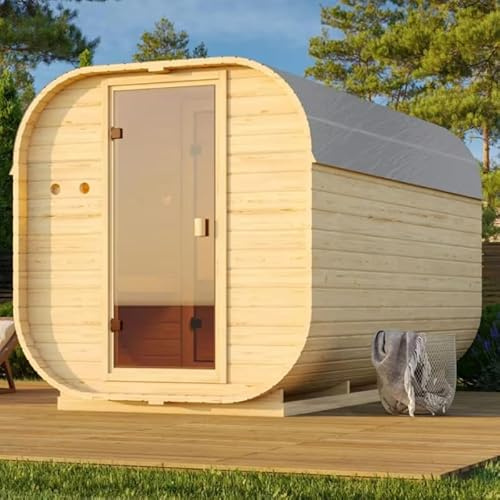 Karibu Sauna Extérieur Tonneau Quadro 3 | 4 Places en Épicéa Nordique, Poêle 9kW Contrôle Externe | 199x355cm, Parois 38mm, Porte Vitrée, Plancher Inclus