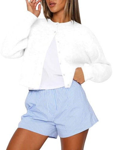 Cardigans for Women UK Cropped Cardigan Soft Knit Shrug Button Up Sweater | Long Sleeve Lightweight Sweaters/Outerwear Button Down CrewNeck Cardigan/Ladies Winter Soft Comfy Jumper