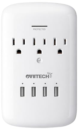 Oviitech Multi Outlet Wall Mount Adapter Surge Protector with 4 (4.2 AMP) USB Charging Ports,3 Outlet Extender Socket Plugs,White,ETL Certified.