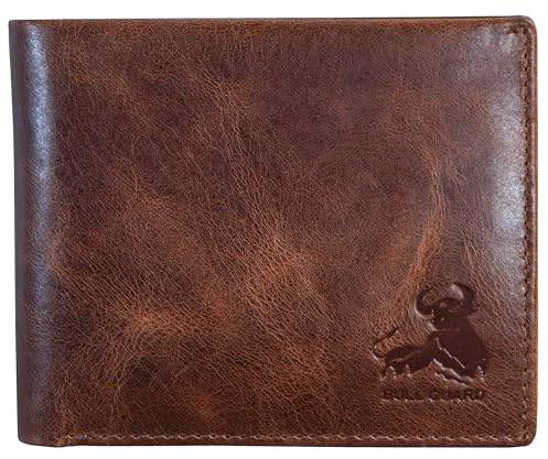 BULL GUARD Mens RFID Blocking Bifold Wallet Soft Genuine Leather Brown Western | Secure and Durable Extra Capacity Billfold with 11 Credit Cards, Flip Up ID