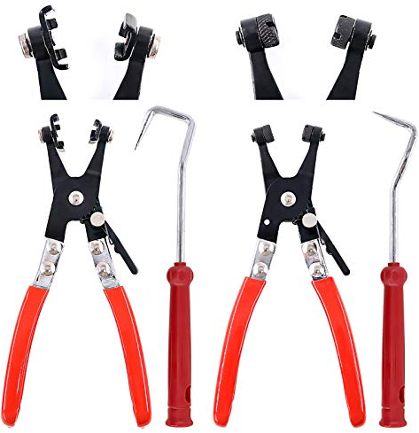 Swpeet 4Pcs Hose Clamp Plier Set, Including 2Pcs Cross Slotted and Flat Band Hose Hose Clamp Plier with 2Pcs Hose Removal Hook Set Perfect for Hose Installations of Low Radiators