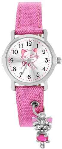 Pacific Time Kinder Armbanduhr Mädchen Uhr funkelnder Anhänger Katze am Textilarmband Analog Quarz