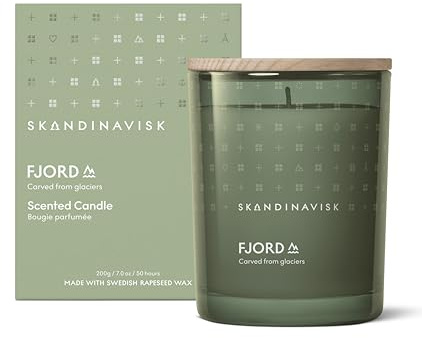 Skandinavisk FJORD Duftkerze. Duftnoten: Apfel- und Birnenblüte, Obstgartenfrüchte und rote Johannisbeeren. 200 g.