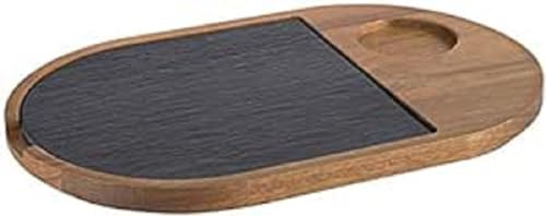APS Servierbrett 2-teilig, 28 x 17,5 cm, Absatz Ø 5 cm, rustikales Holzbrett, Schneidebrett aus Akazienholz, Brett aus Holz mit Naturschieferplatte