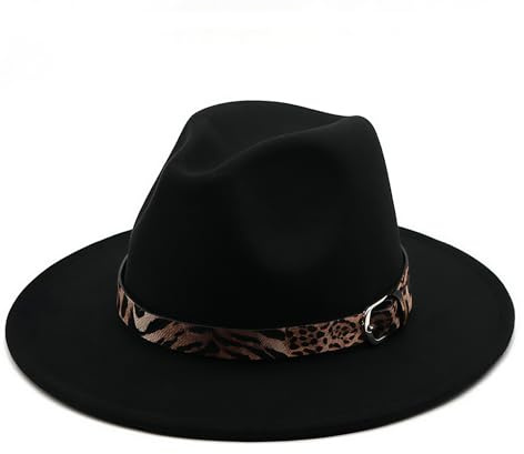 VASANA Fashion Classic Unisex Lana Mezcla Ancha Fieltro Fedora Sombreros Panamá Trilby Gorra con Hebilla de Banda de Leopardo, Hombres, Mujeres, Bodas, Fiestas
