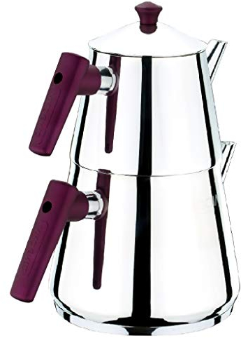 Hakan Set di teiera Midi Double Bondy in acciaio inossidabile da 2,8 l, con doppio coperchio autofilettante, set di teiera in stile samovar turco, bollitore per tè sfuso con manico in bachelite rossa
