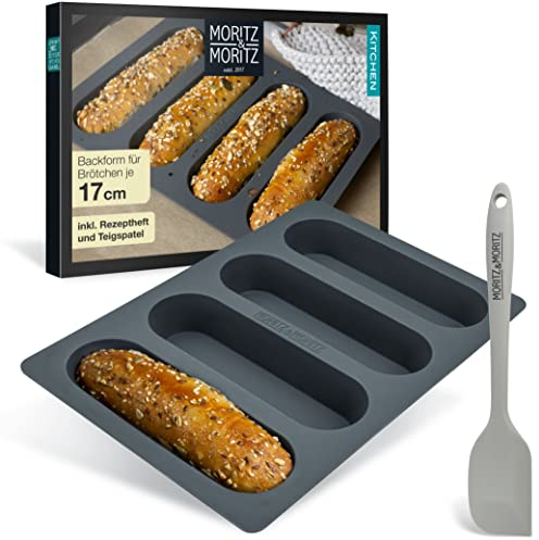 Moritz & Moritz Silicone Hot Dog Bun Mould – Non-Stick Mini Baguette Bread Tray – Reusable BPA-Free Silicone Baking Mould – Includes Spatula & Recipe Booklet – Oven Microwave Freezer Dishwasher Safe