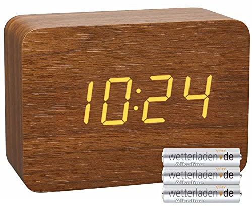 TFA Dostmann Design Funk-Wecker in Holz-Optik Clocco, 60.2549, Kunststoff, L 100 x B 41 x H 70mm (braun/orange mit Batterien)