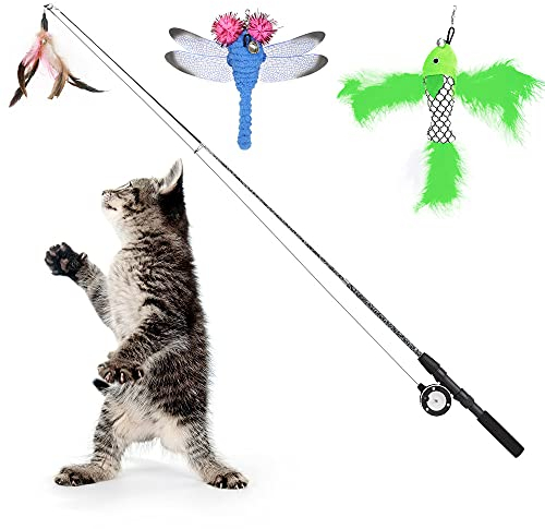 Pawaboo Interaktive Katzenspielzeug, Einziehbar Katzenangel mit 3 Ersatz Angelköder aus Federn und Glocken, Einstellbare Schnurlänge, Feder-Teaser für Katzen Kätzchen Spaß, Blau
