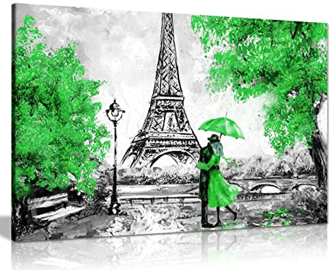 Paris Ölgemälde Reproduktion Eiffelturm Regenschirm grüne Leinwand Wandkunst Bild Druck Heimdekoration 91 x 61 cm