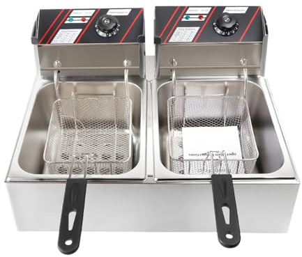 Fritteuse Chipsfritös rostfritt stål Dubbel fritös Kommersiell elektrisk fritös med fritöslock, korgar i rostfritt stål, temperaturintervall 60-200°C