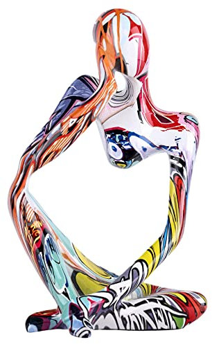 Große, minimalistische, abstrakte Graffiti-Statue, linke Denker-Statue, bunte Kunst, Meditation, Denker-Figur, Ornamente, Bücherregal, Couchtisch, Dekoration, Zuhause, Büro, Schreibtisch, Tischplatte,