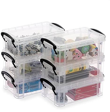 BTSKY 6 Pack Small Clear Plastic Storage Box with Lid Mini Sewing Box Organizer with Black Latch Stackable Craft Storage Containers Small Organizer Box for Stationery, Jewelry, and More
