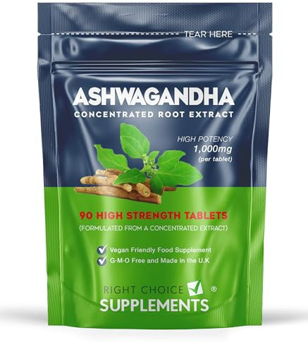 Ashwagandha 1000mg - Pure High Strength Root Extract Supplement for Mood Stress & Stamina (not Capsules) - KSM-66 Ayurveda Also Known As Withania Somnifera - 90 Vegan Tablets Made in The U.K