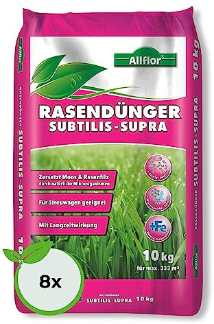 Allflor Rasendünger Suptilis-Supra I Zersetzt Moos und Rasenfilz I Spezialdünger mit Bacillus Subtilis Mikoorganismen I 8 x 10kg Beutel I Ideal bei langen Trockenperioden I Enthält Eisen