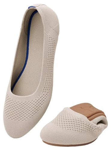 Puxowe Ballerine Femme Rond Tricot Pointe Chaussures Plates Confort Cale Bas Slip on Walking Robe Chaussures pour Femmes Doux 36 EU Beige