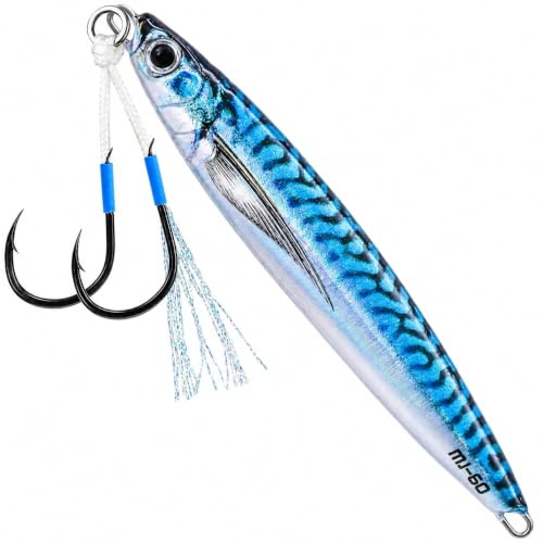 Jig Pêche Mer Maquereau 40/60/100 g – Leurre Métallique Bord/Bateau avec Double Assist Hook pour Bar, Lieu, Bonite