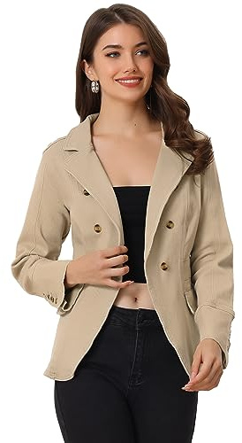 Allegra K Giacca in jeans da donna, a maniche lunghe, con risvolto, in denim, con tasche, cachi, 40