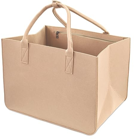 Einkaufstasche Filztasche Shopper - Einkaufskorb Filzkorb Tragetasche groß shopping bag Korb mit Henkel und Seitentasche faltbar Filz 43x30x28 cm Beige