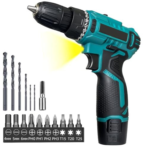 12V Cordless Drill Driver, Battery Cordless Drill Kit, 3/8” inch Keyless Chuck, Electric Screwdriver, 25+1 Torque Setting, Combi Drill with 2X 3.0Ah Battery and Charger