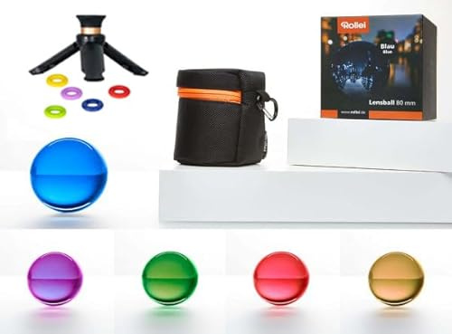 5er Set Lensball von Rollei – 80 mm Fotokugeln in den Farben Violett, Rot, Grün, Blau und Gold mit Gratis-Zubehör 5 Silikonringe und Mini-Stativ Triopod, Vollglaskugeln aus Kristallglas