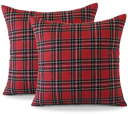 Ohok Dekorativ Vintage Kissenbezug, Polyester Leinen Plaid Zierkissenbezüge, Deko Sofakissen Couchkissen Kissenhülle Set für Schlafzimmer Wohnzimmer Sofa Couch Auto (50x50 cm, 2 Stück Weihnachten)