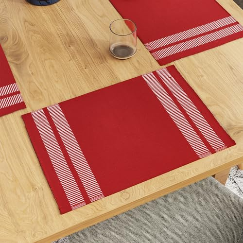 Encasa XO Platzsets Esstisch Set von 6 | Leiter Rot | Fein gerippte Baumwoll-Tischunterlage | Größe 46x32 cm | Maschinenwaschbar