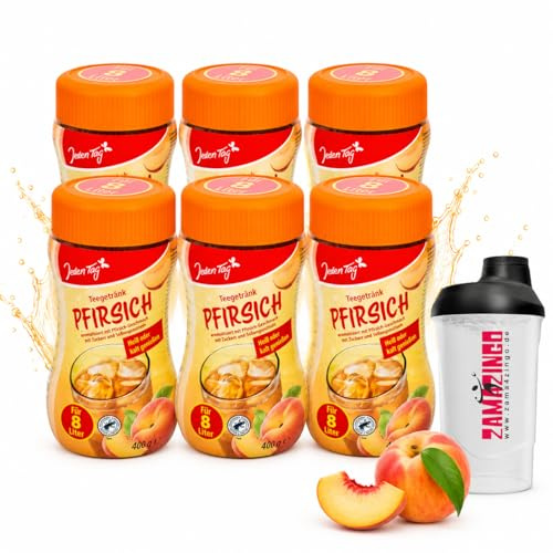 Jeden Tag Instanttee mit Pfirsichgeschmack 6x 400g | Instantzubereitung für 8 Liter mit Pfirsich Teegetränk Heiß oder Kalt genießen für den Sommer inkl. Zama4Zingo Shaker