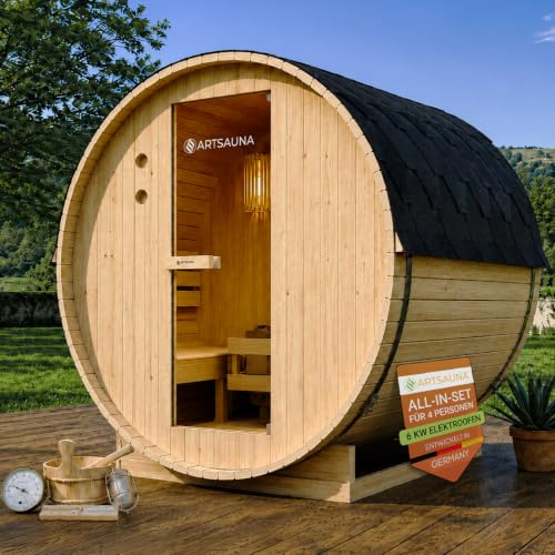 Artsauna Outdoor Fasssauna Spitzbergen 180 für 4 Personen - 6 kW Ofen, Saunasteine & Zubehör - Saunafass aus Fichtenholz - Außensauna Gartensauna