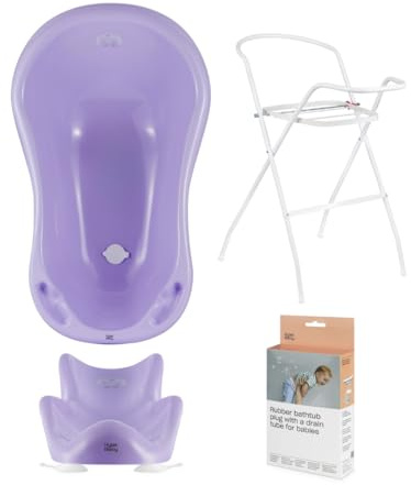 Hylat Baby SET: stabile Badewanne mit Gestell, Sitz und Ablauf - TÜV Rheinland zertifiziert - ideale Lösung für tolle Badeerlebnisse - Kollektion Lite - Farbe: violett, Motiv: